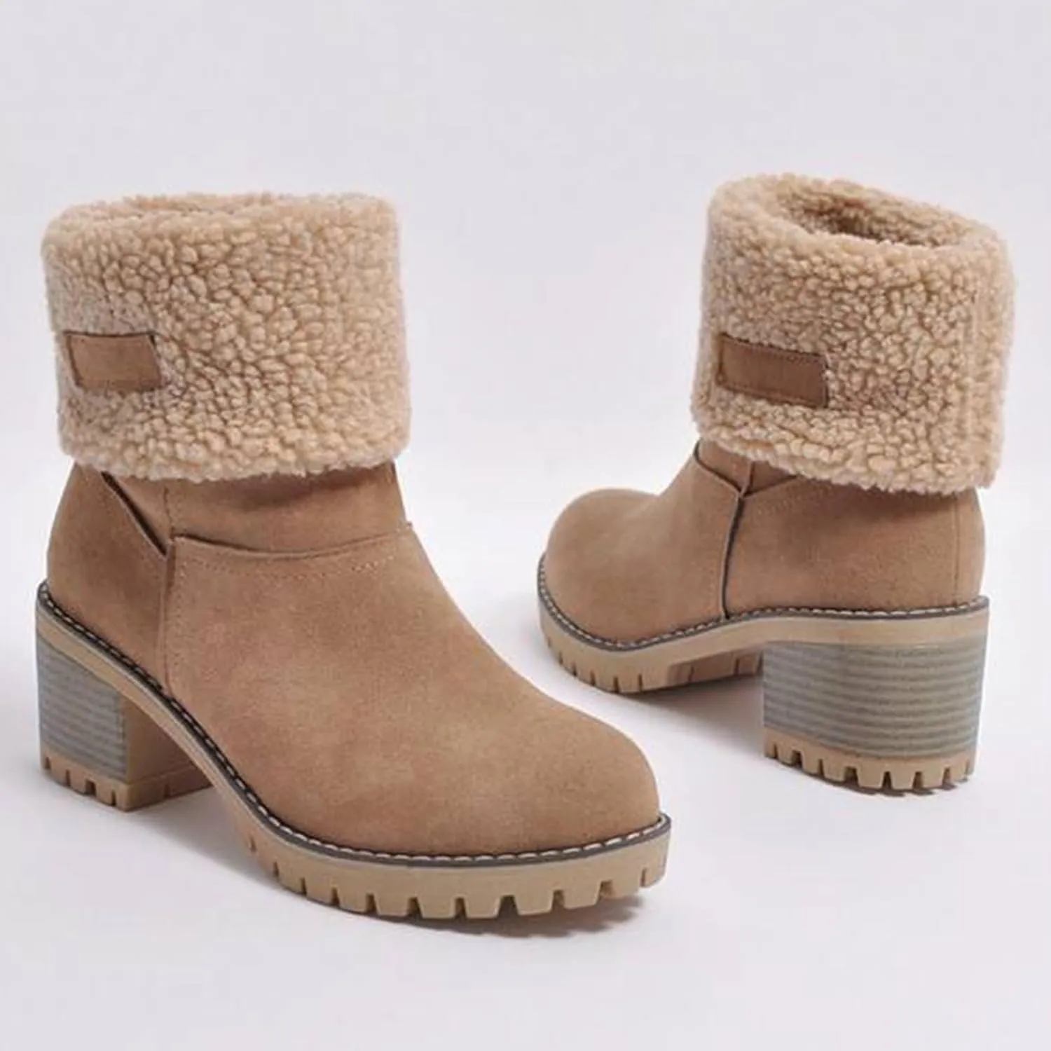 AOSPHIRAYLIAN Women's Winter Fur Lined Snow Boots for Women Mid Calf Round Toe Chunky Heel Resistant Warm Ankle Boots Comfy Suede Booties Pull On Shoes for Women