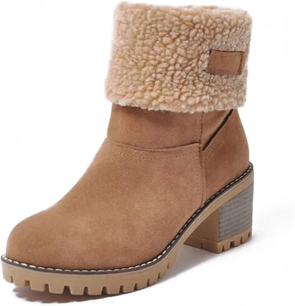 AOSPHIRAYLIAN Women's Winter Fur Lined Snow Boots for Women Mid Calf Round Toe Chunky Heel Resistant Warm Ankle Boots Comfy Suede Booties Pull On Shoes for Women
