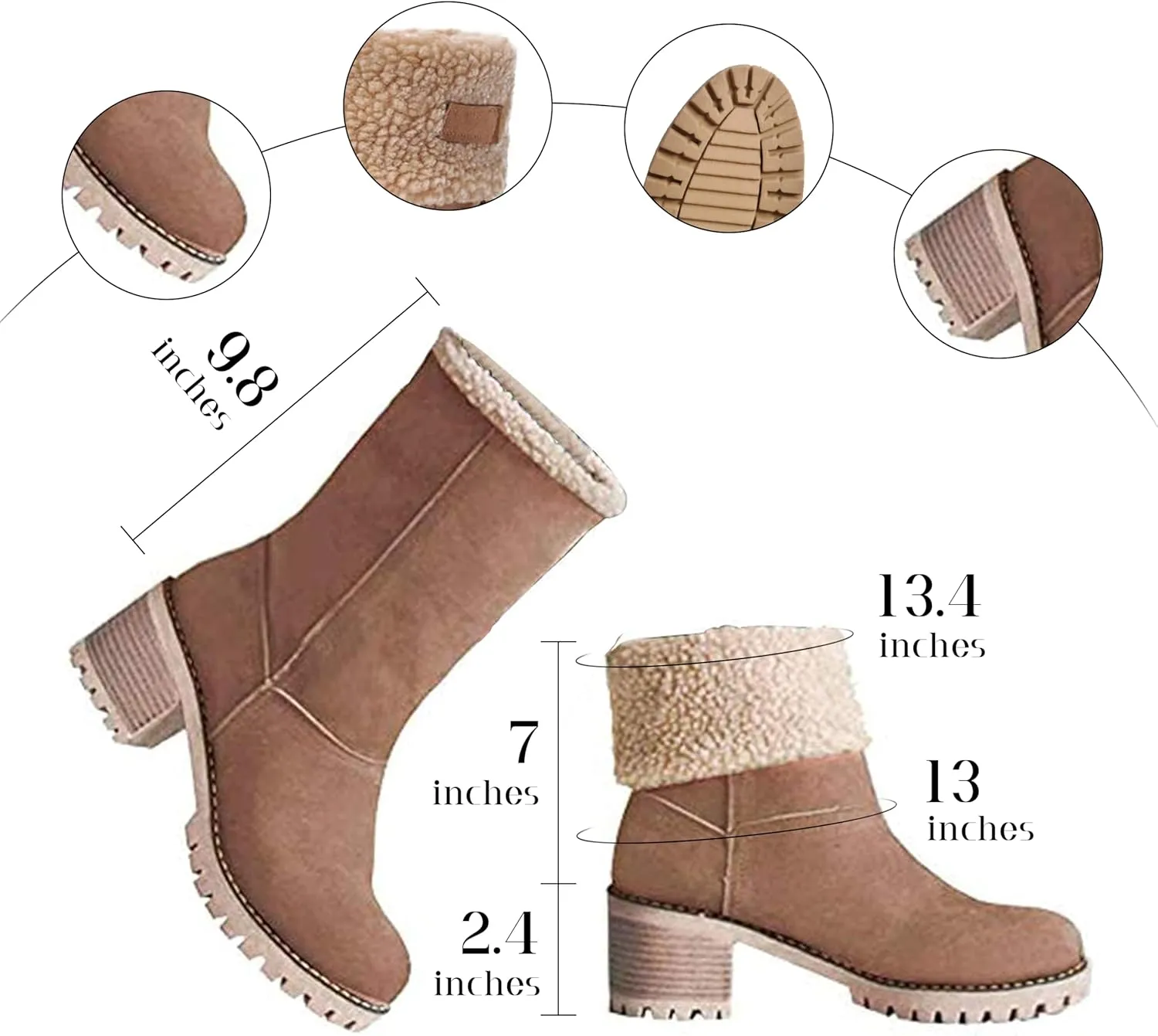 AOSPHIRAYLIAN Women's Winter Fur Lined Snow Boots for Women Mid Calf Round Toe Chunky Heel Resistant Warm Ankle Boots Comfy Suede Booties Pull On Shoes for Women