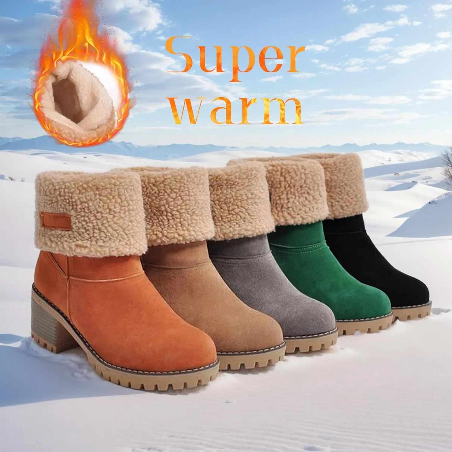 AOSPHIRAYLIAN Women's Winter Fur Lined Snow Boots for Women Mid Calf Round Toe Chunky Heel Resistant Warm Ankle Boots Comfy Suede Booties Pull On Shoes for Women