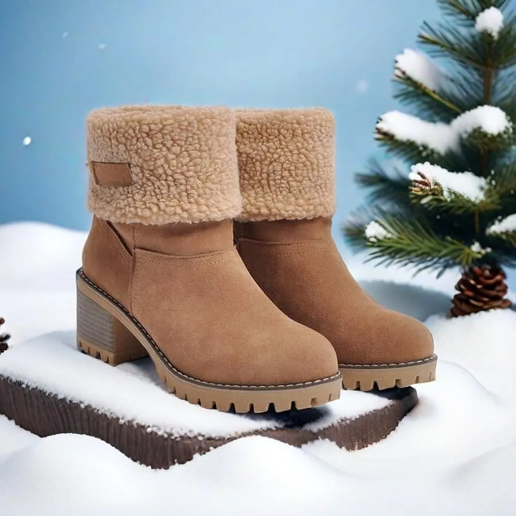 AOSPHIRAYLIAN Women's Winter Fur Lined Snow Boots for Women Mid Calf Round Toe Chunky Heel Resistant Warm Ankle Boots Comfy Suede Booties Pull On Shoes for Women