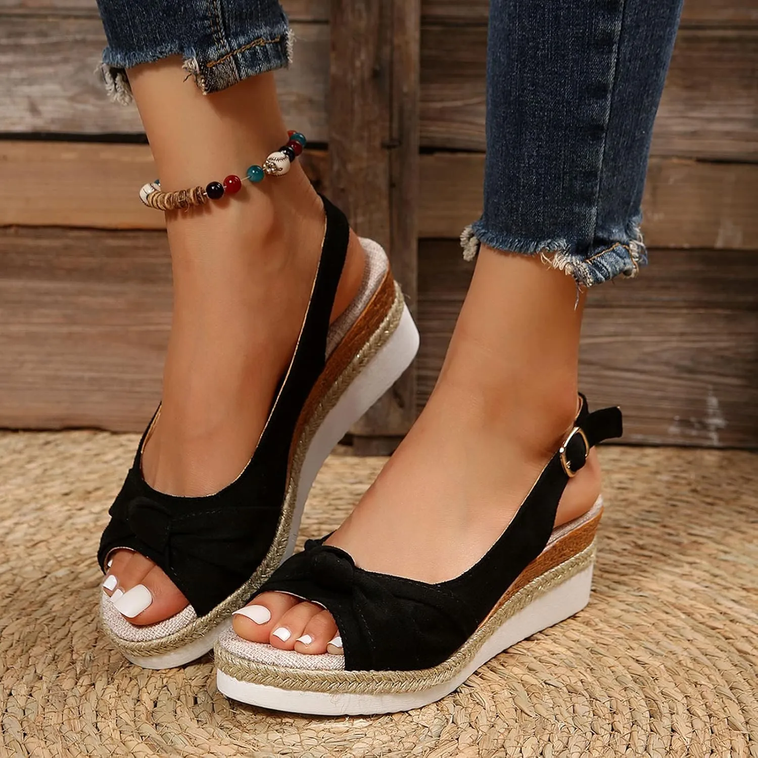 Espadrilles Wedge Sandals for Women, Women's Open Toe Platform Wedges Heels Summer Dressy Shoes Comfortable Ankle Strap Low Heel Canvas Bow Dress Sandals