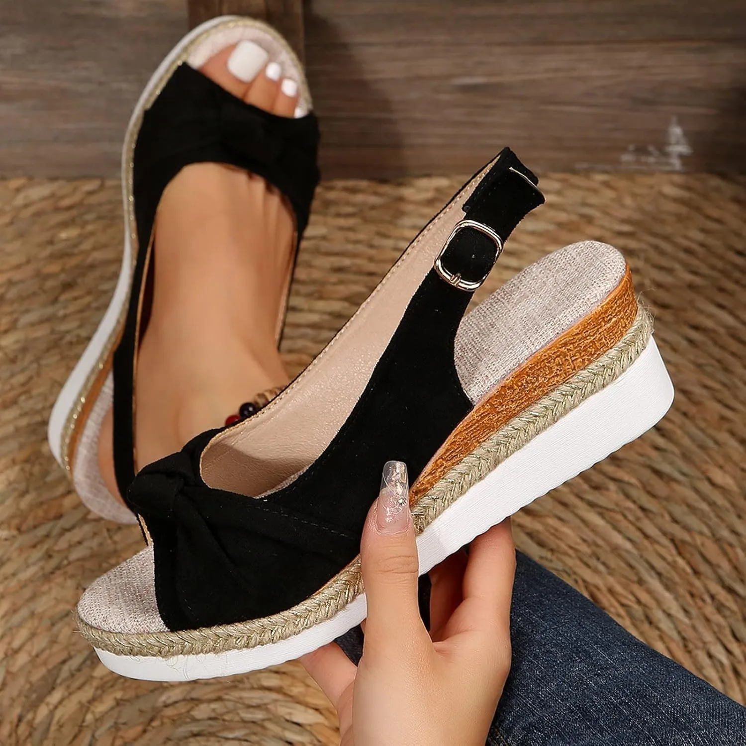 Espadrilles Wedge Sandals for Women, Women's Open Toe Platform Wedges Heels Summer Dressy Shoes Comfortable Ankle Strap Low Heel Canvas Bow Dress Sandals