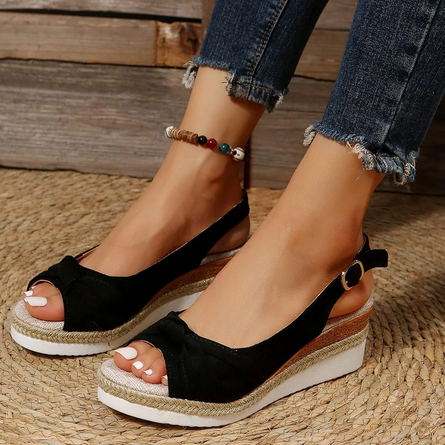 Espadrilles Wedge Sandals for Women, Women's Open Toe Platform Wedges Heels Summer Dressy Shoes Comfortable Ankle Strap Low Heel Canvas Bow Dress Sandals