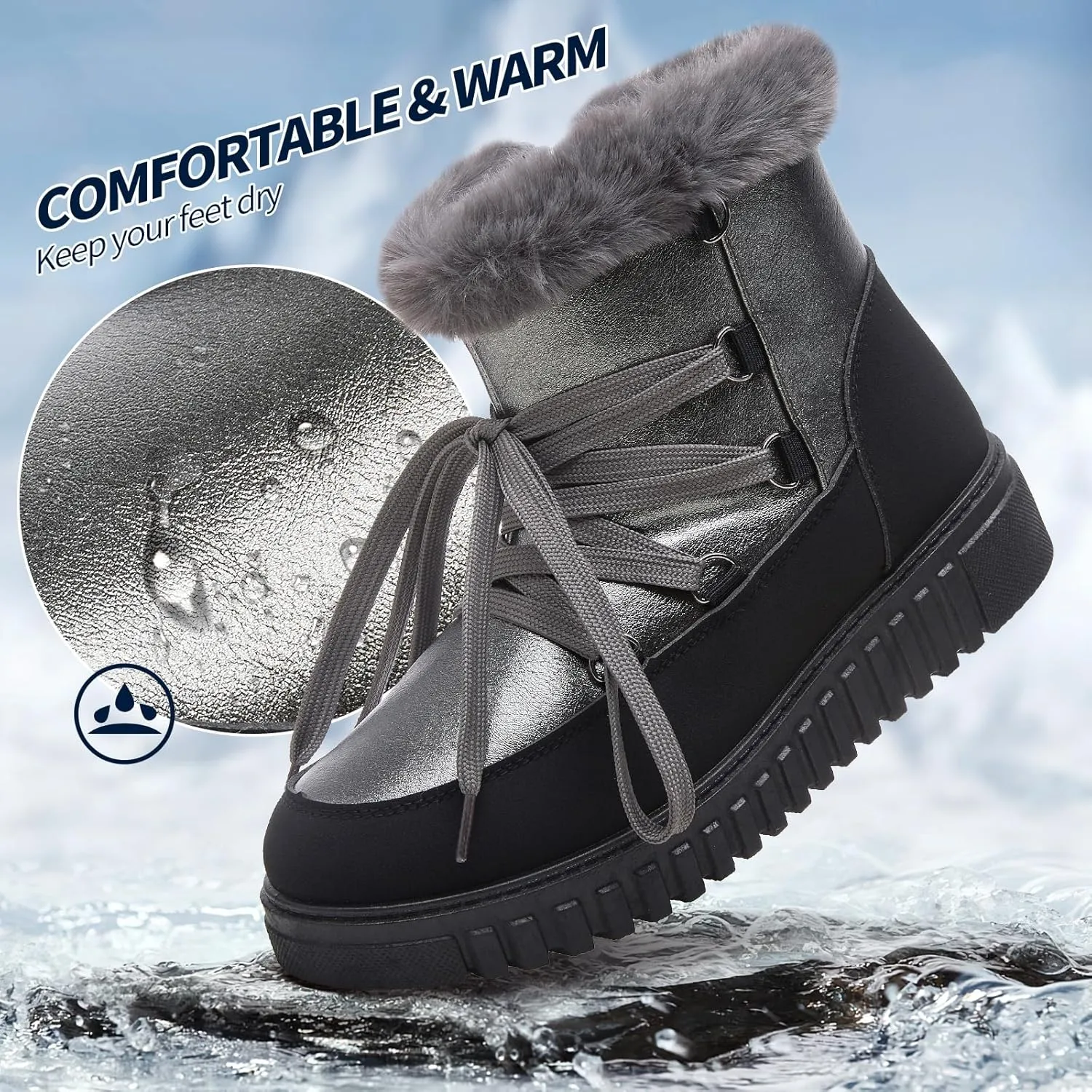 HYPOCRUTE Women's Fur lined Snow Boots Warm Winter Boots for Women Lace up Non Slip Ankle Booties Comfortable Fuzzy Boots with Zipper