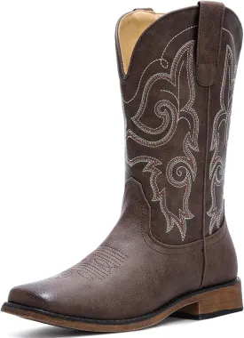 IUV Cowboy Boots For Women Square Toe Western Boots Mid Calf Cowgirl Boots Pull On Fashion Embroidered Cowboy Boots