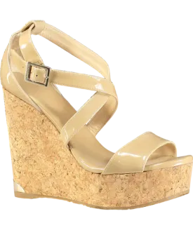Jimmy Choo Beige Patent Portia Cork Heel Wedges UK 3 EU 36 👠