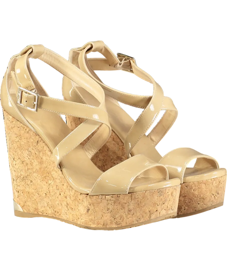 Jimmy Choo Beige Patent Portia Cork Heel Wedges UK 3 EU 36 👠