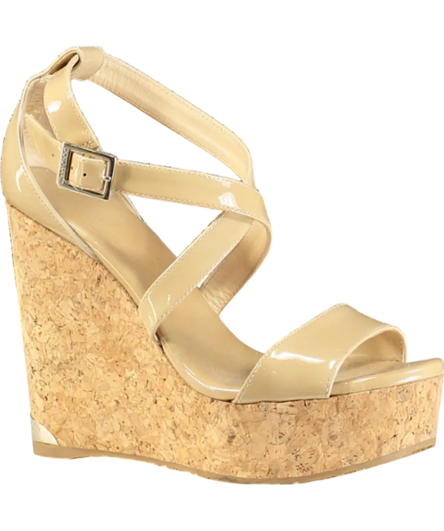 Jimmy Choo Beige Patent Portia Cork Heel Wedges UK 3 EU 36 👠