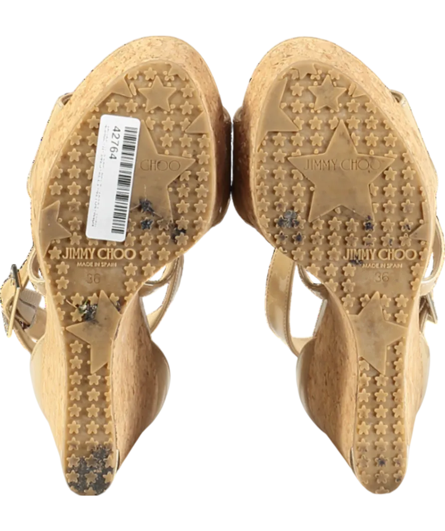 Jimmy Choo Beige Patent Portia Cork Heel Wedges UK 3 EU 36 👠