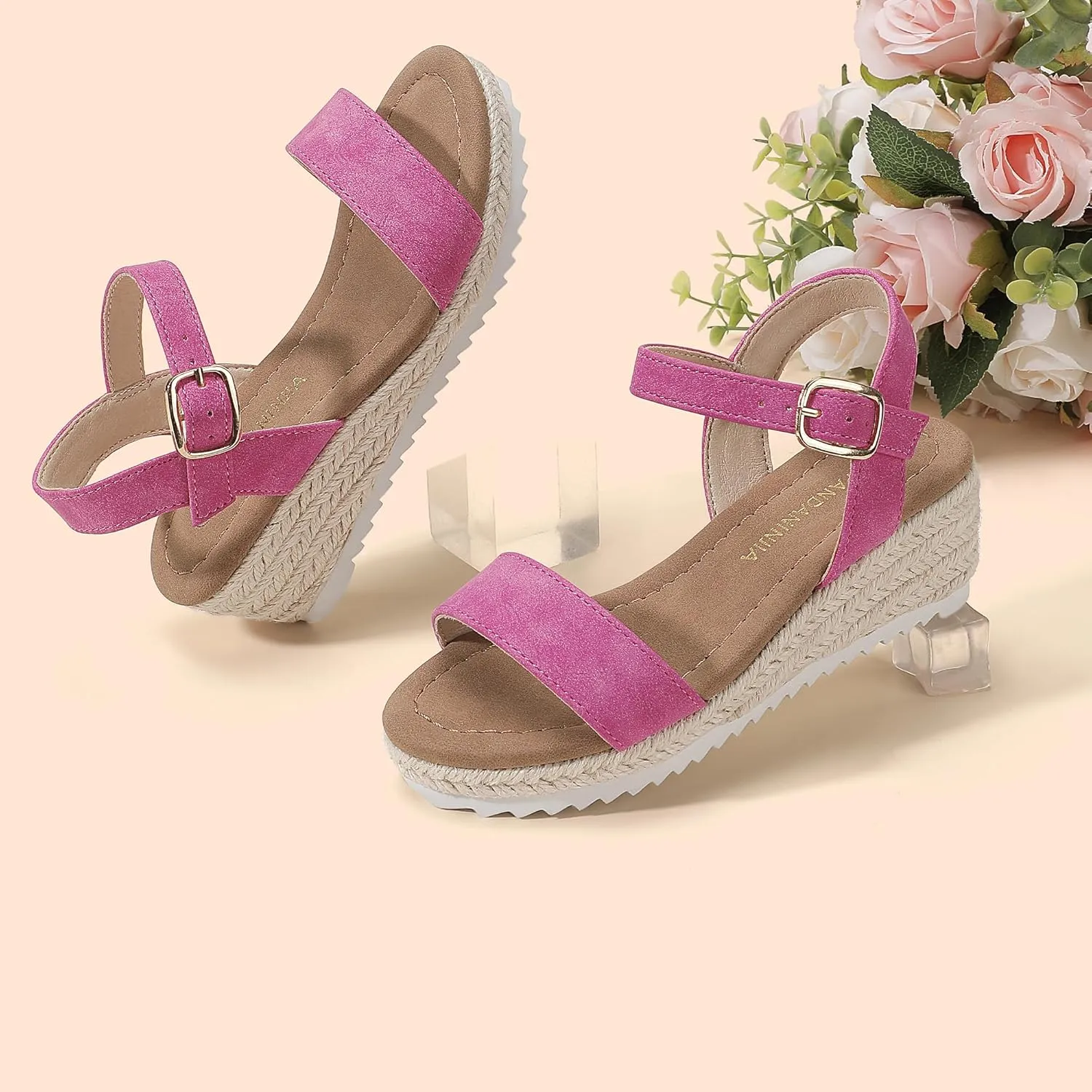 PANDANINJIA Girls Sandals Wedge Platform Espadrille Little Big Kid Girls Heels Open Toe Summer Dress Shoes