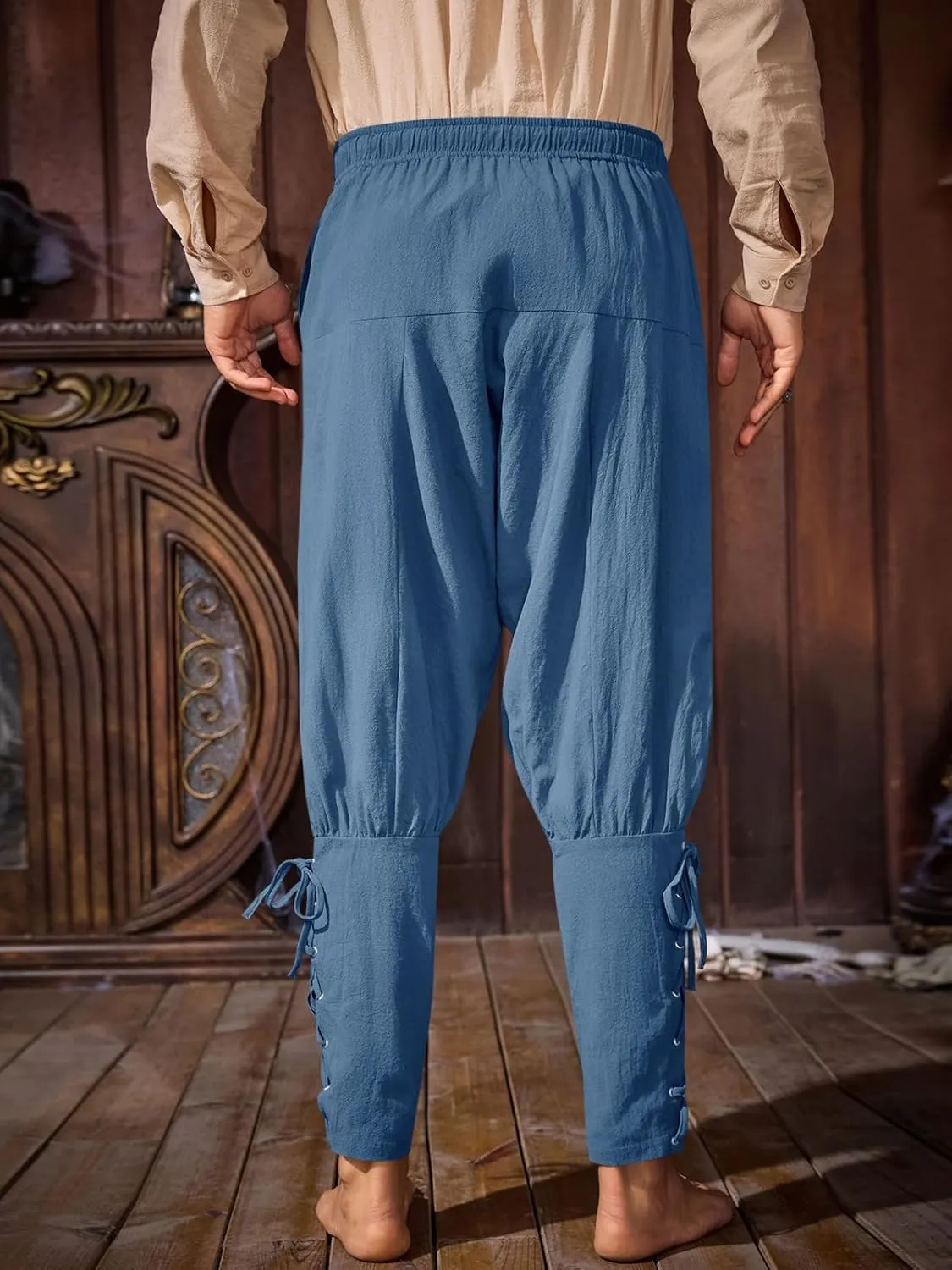 Runcati Mens Medieval Ankle Banded Pants Renaissance Viking Pirate Navigator Costume Pants Lace Up Cotton Halloween Trousers
