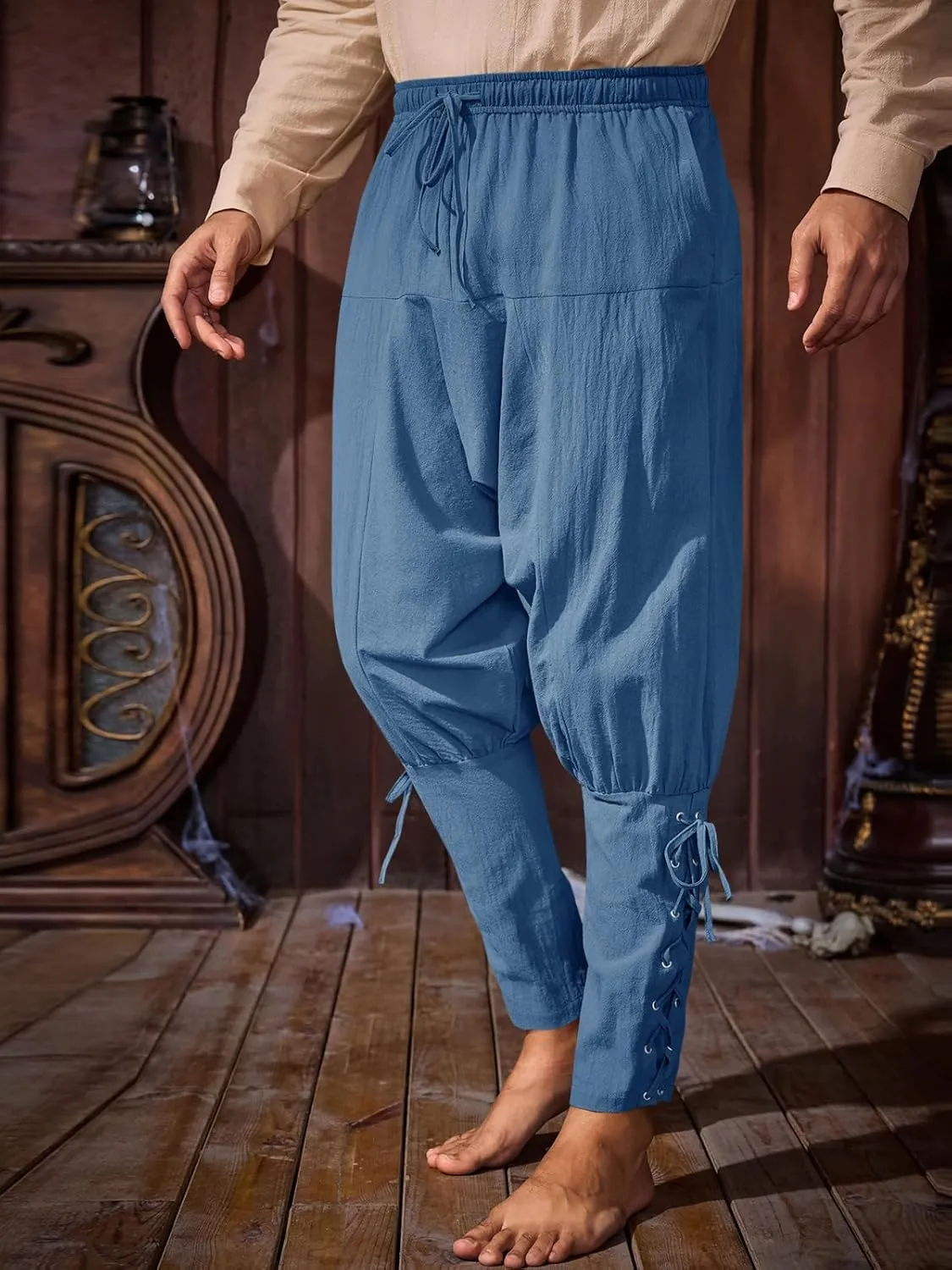 Runcati Mens Medieval Ankle Banded Pants Renaissance Viking Pirate Navigator Costume Pants Lace Up Cotton Halloween Trousers