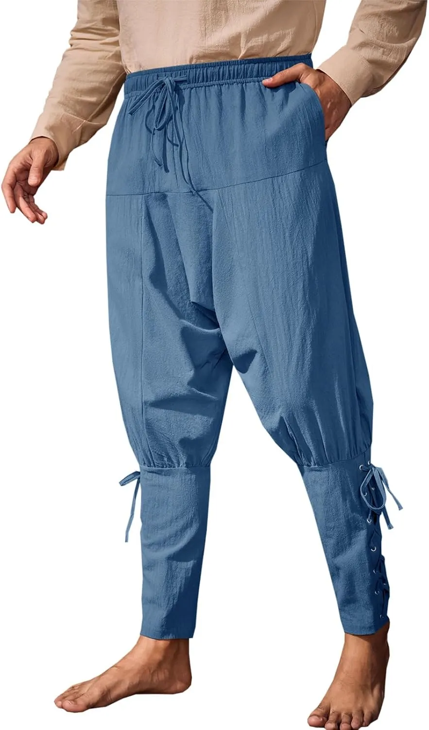 Runcati Mens Medieval Ankle Banded Pants Renaissance Viking Pirate Navigator Costume Pants Lace Up Cotton Halloween Trousers