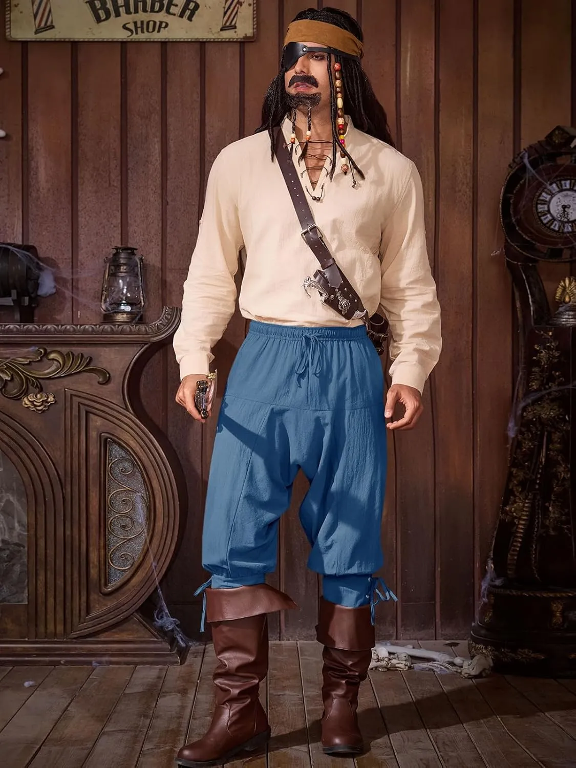 Runcati Mens Medieval Ankle Banded Pants Renaissance Viking Pirate Navigator Costume Pants Lace Up Cotton Halloween Trousers