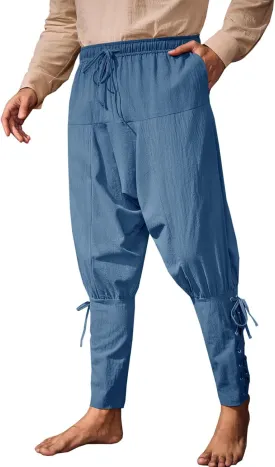 Runcati Mens Medieval Ankle Banded Pants Renaissance Viking Pirate Navigator Costume Pants Lace Up Cotton Halloween Trousers