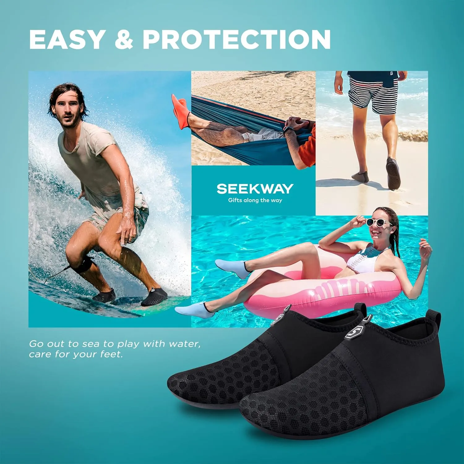 SEEKWAY Water Shoes Quick-Dry Aqua Socks Barefoot Slip-on for Beach Pool Swim River Yoga Lake Surf Women Men Black SK001