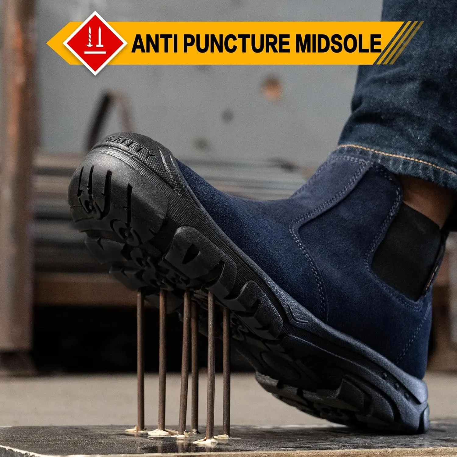 Steel Toe Work Boots for Men Women Slip-on Chelsea Boots, Men's Industrial Construction Shoes, Waterproof, Lightweight, Comfortable, Non-slip Safety Boots
