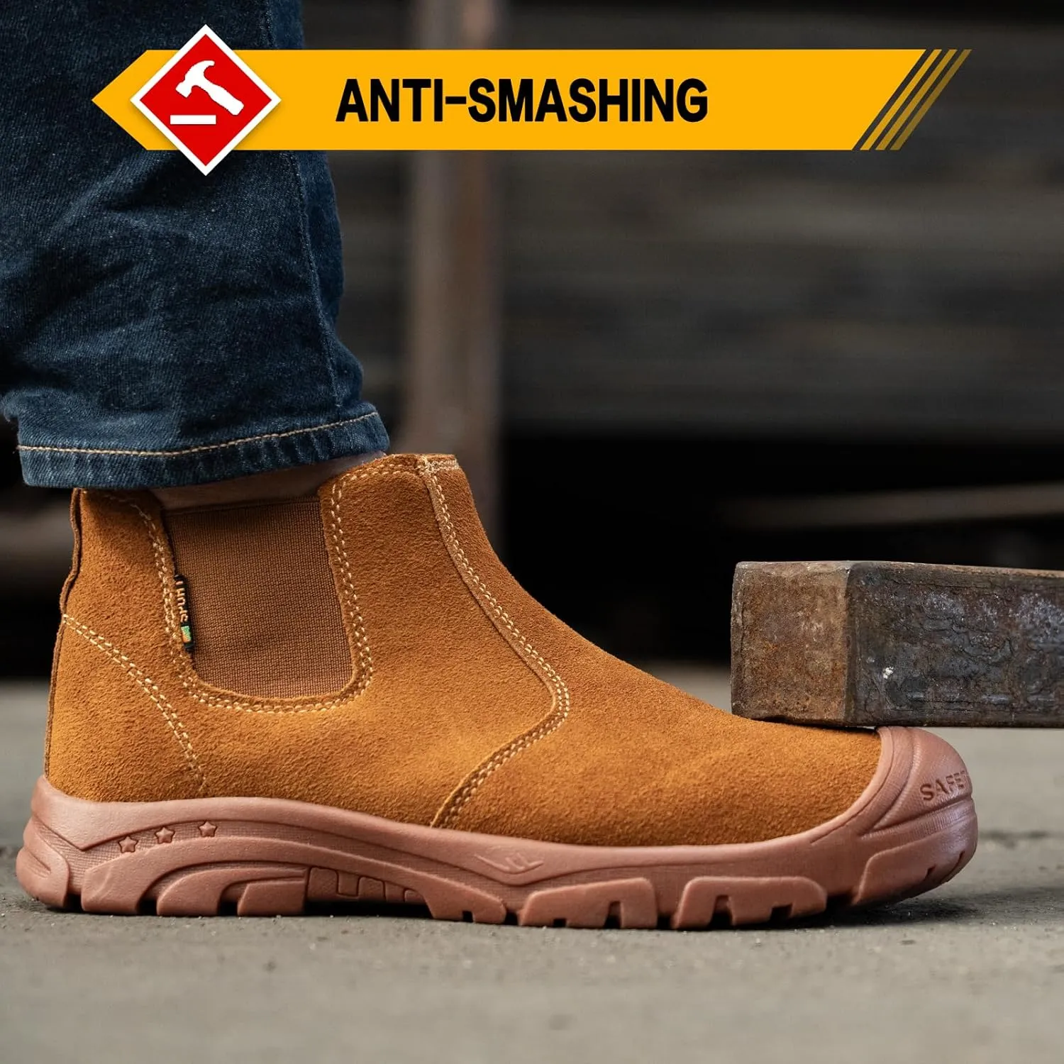 Steel Toe Work Boots for Men Women Slip-on Chelsea Boots, Men's Industrial Construction Shoes, Waterproof, Lightweight, Comfortable, Non-slip Safety Boots
