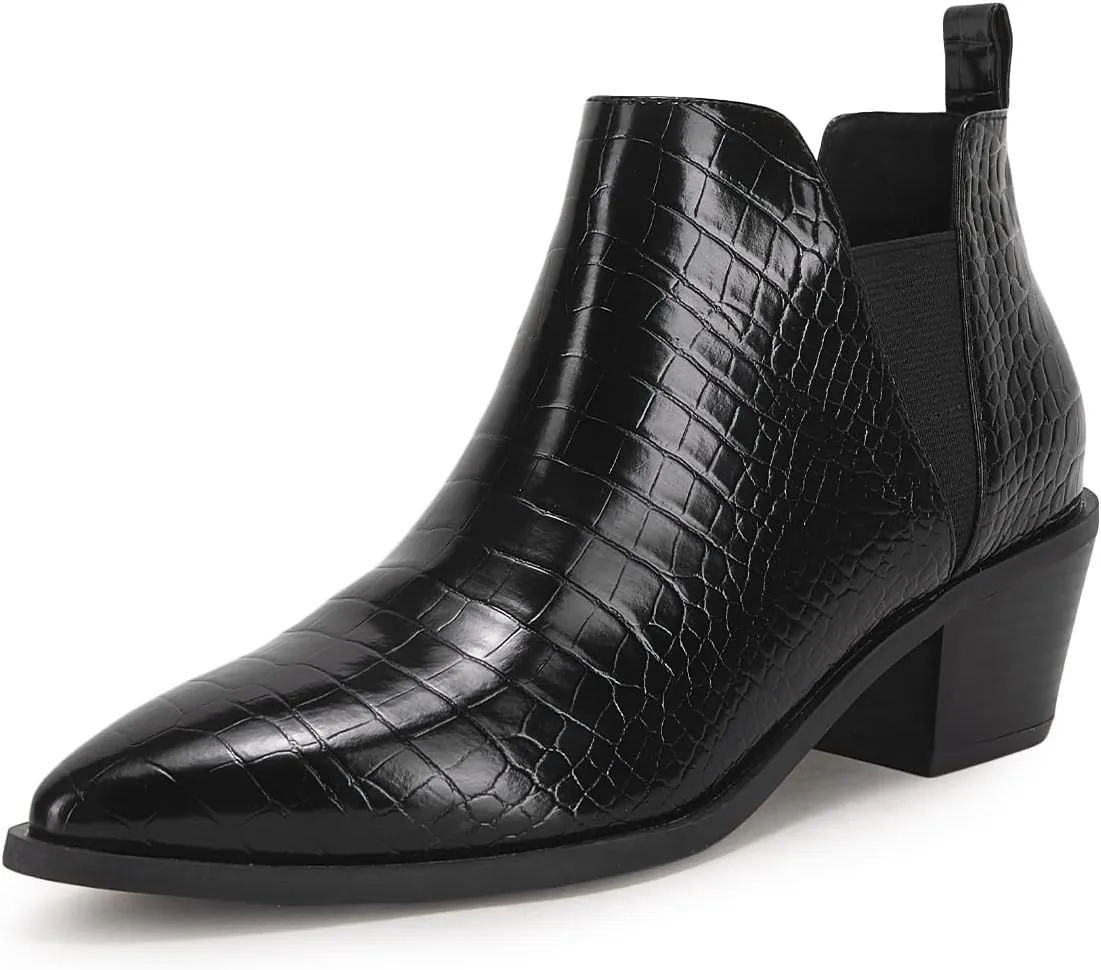 Trish Lucia Womens Ankle Boots Pointed Toe Stacked Chunky Heel Slip on Chelsea Short Booties