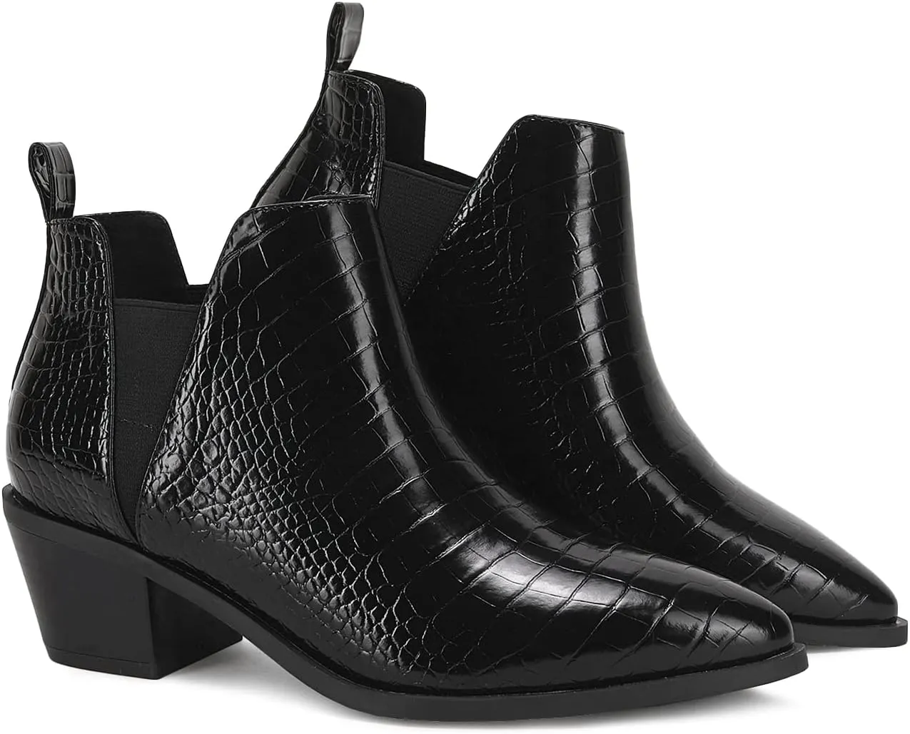 Trish Lucia Womens Ankle Boots Pointed Toe Stacked Chunky Heel Slip on Chelsea Short Booties