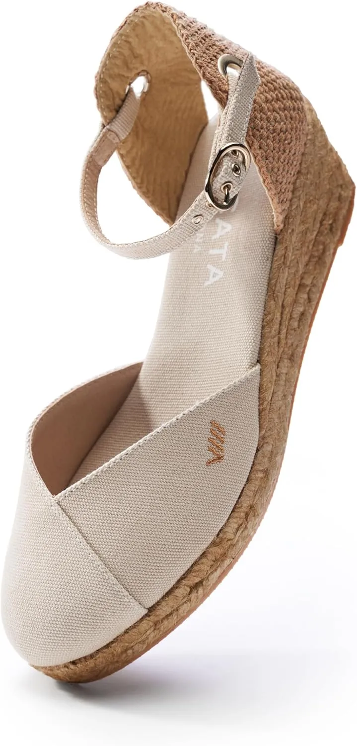 Viscata Pubol Espadrille Canvas Low Wedges with Ankle Strap Spain Handmade 2 Heel Women's Sandals with Breathable Organic Cotton Canvas and 100% Natural Jute for all Occasions: Casual, Work, Party