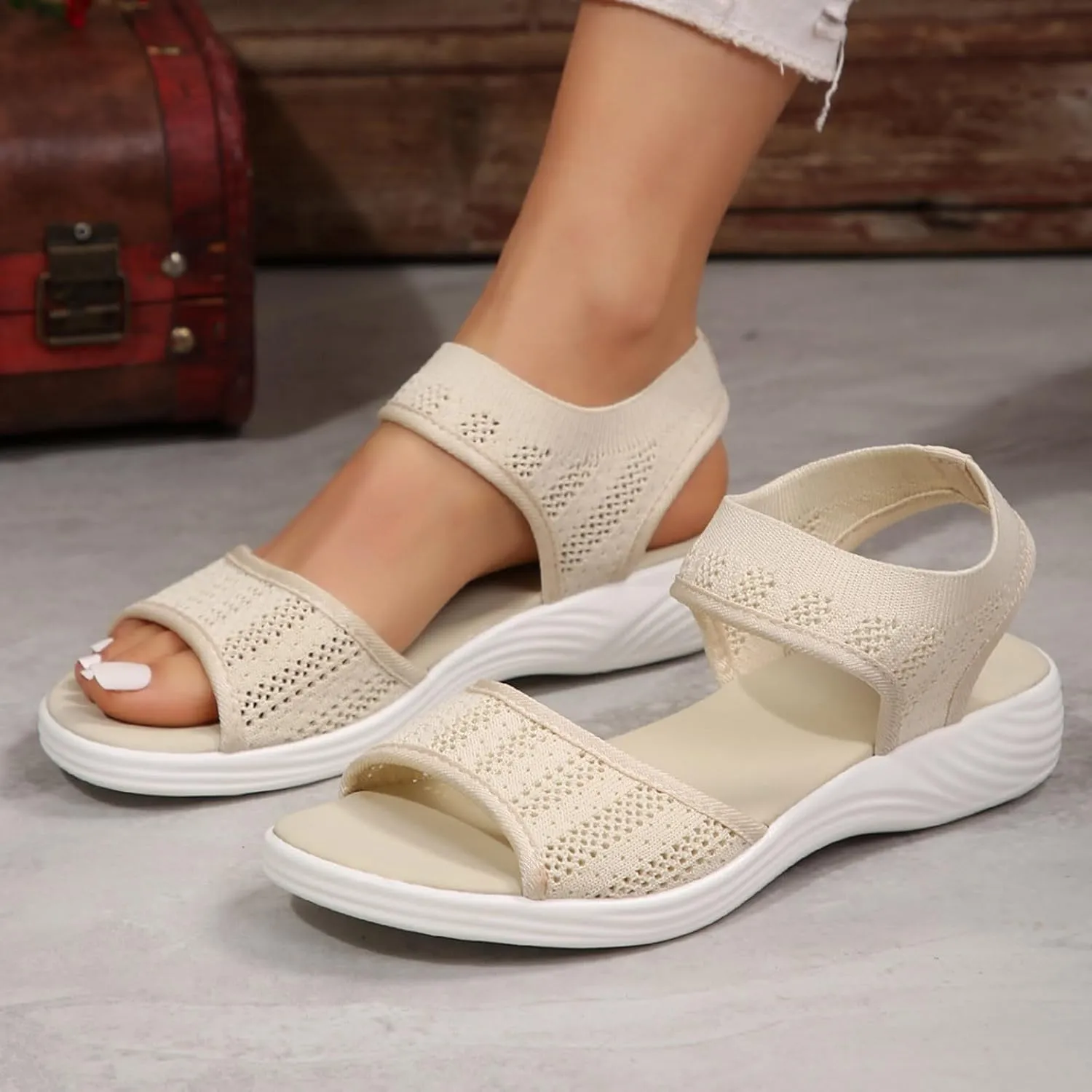Women Summer Sandals Open Toe Slip On Dressy Sandal Hollow Elastic Ankle Strap Low Wedges Comfortable Beach Shoes