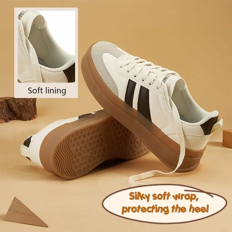 Women's Chunky Platform Sneakers - Retro Vintage Leather Casual Tennis Shoes- Thick Rubber Gum Sole Low Top Lace-Up Classic Walking Shoes