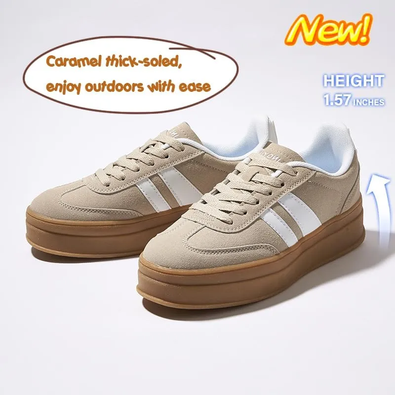 Women's Chunky Platform Sneakers - Retro Vintage Leather Casual Tennis Shoes- Thick Rubber Gum Sole Low Top Lace-Up Classic Walking Shoes