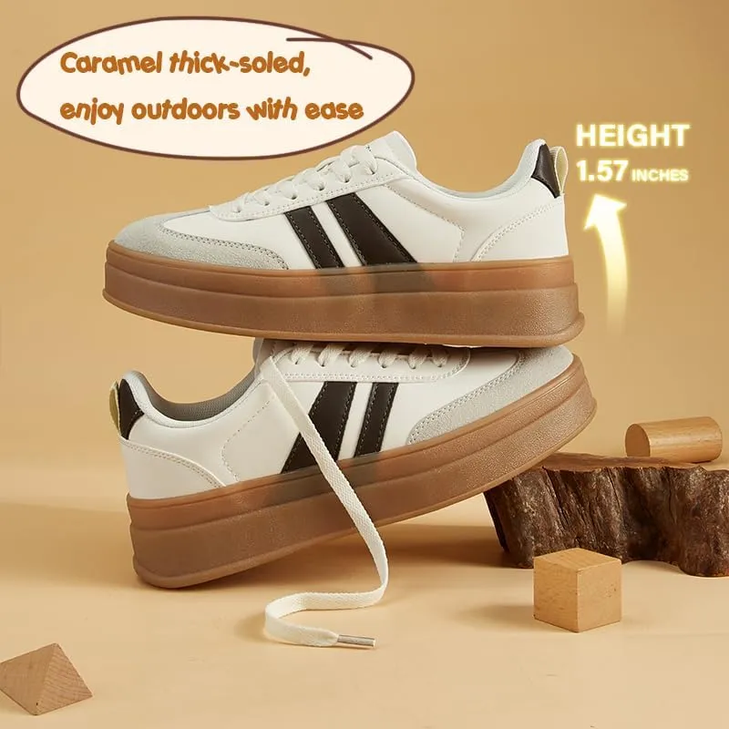 Women's Chunky Platform Sneakers - Retro Vintage Leather Casual Tennis Shoes- Thick Rubber Gum Sole Low Top Lace-Up Classic Walking Shoes