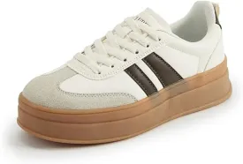 Women's Chunky Platform Sneakers - Retro Vintage Leather Casual Tennis Shoes- Thick Rubber Gum Sole Low Top Lace-Up Classic Walking Shoes