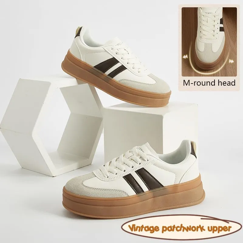 Women's Chunky Platform Sneakers - Retro Vintage Leather Casual Tennis Shoes- Thick Rubber Gum Sole Low Top Lace-Up Classic Walking Shoes