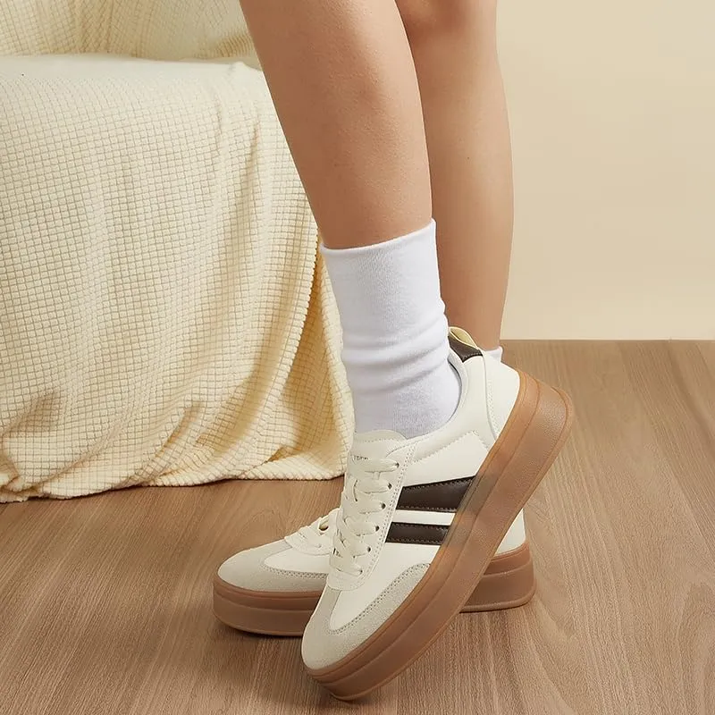 Women's Chunky Platform Sneakers - Retro Vintage Leather Casual Tennis Shoes- Thick Rubber Gum Sole Low Top Lace-Up Classic Walking Shoes