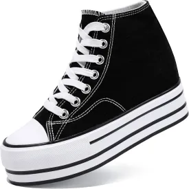 Womens Platform Wedge Sneakers Hidden Wedge 4 Inches Height Boost, High Top Canvas Heel Sneakers White Fashion Sneakers for Women and Girls