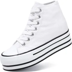 Womens Platform Wedge Sneakers Hidden Wedge 4 Inches Height Boost, High Top Canvas Heel Sneakers White Fashion Sneakers for Women and Girls