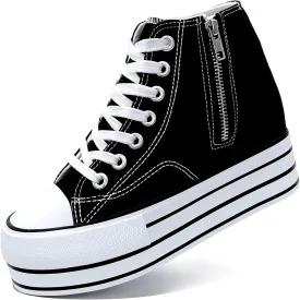 Womens Platform Wedge Sneakers Hidden Wedge 4 Inches Height Boost, High Top Canvas Heel Sneakers White Fashion Sneakers for Women and Girls